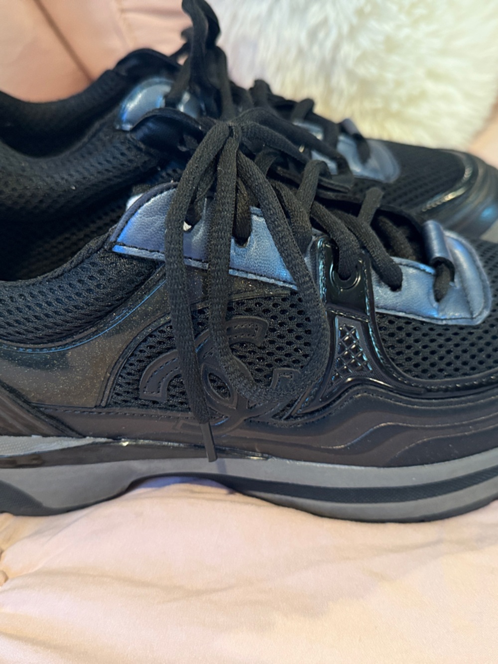 CHANEL Black Mesh and Patent Leather Platform Sneakers